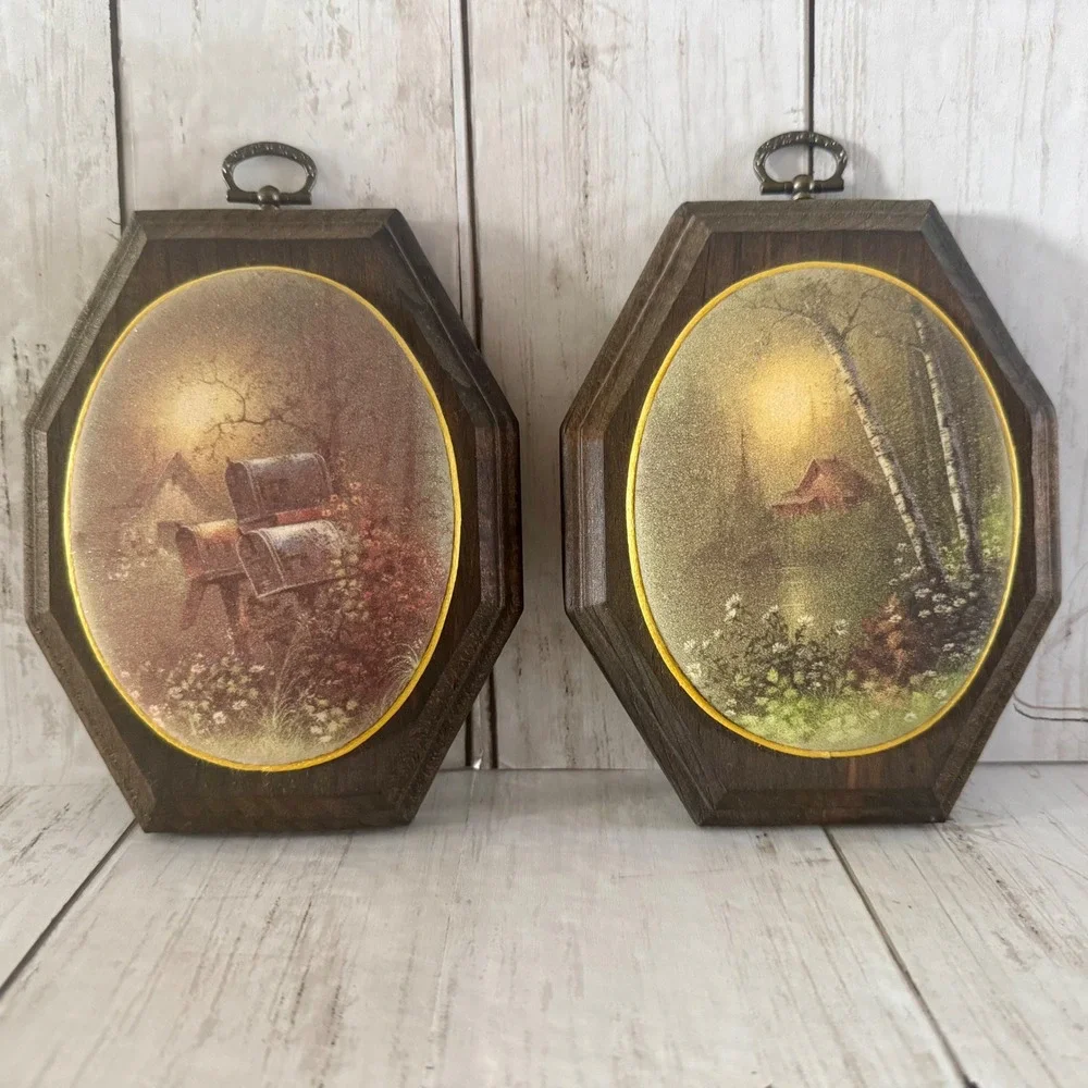 Vintage 70s Wood Octagon Wall Art Set of 2 Beaded Glass Cabin Mailbox Landscape